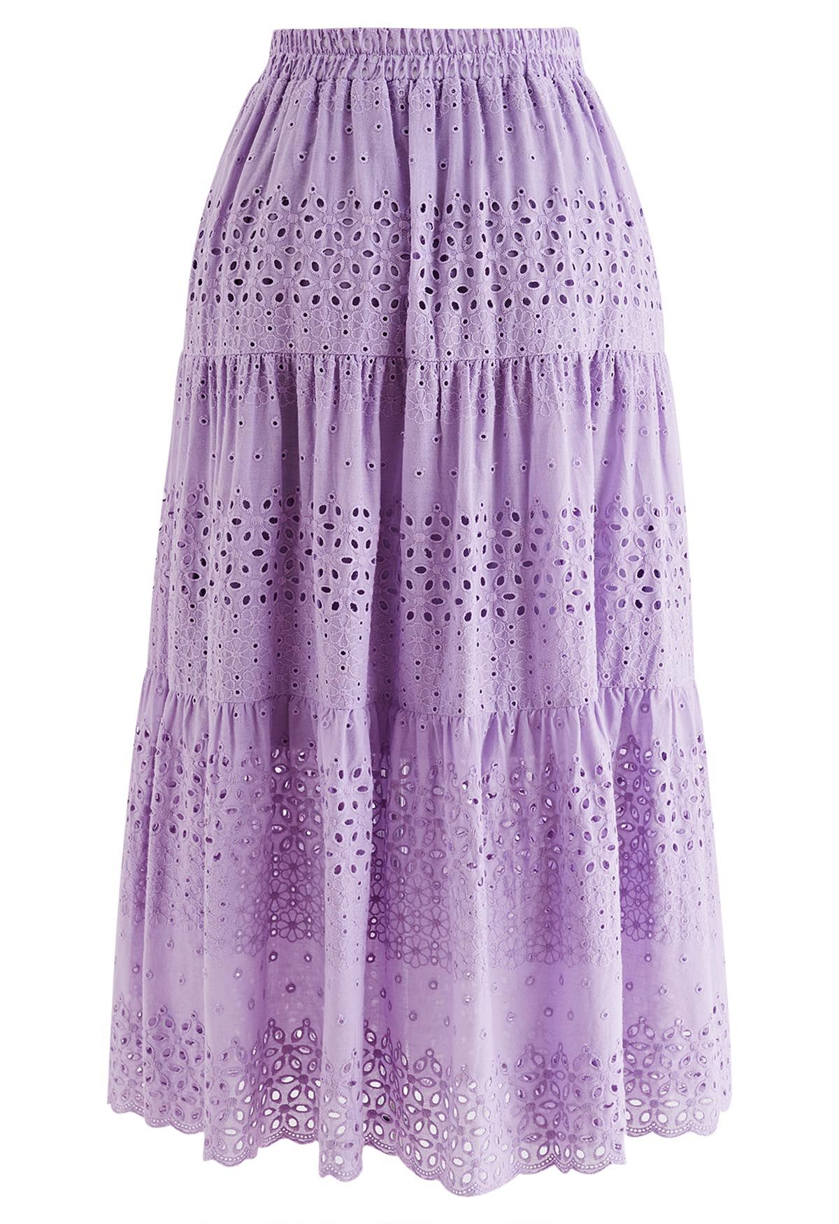 Jupe mi-longue en coton à œillets brodés fleuret en lilas