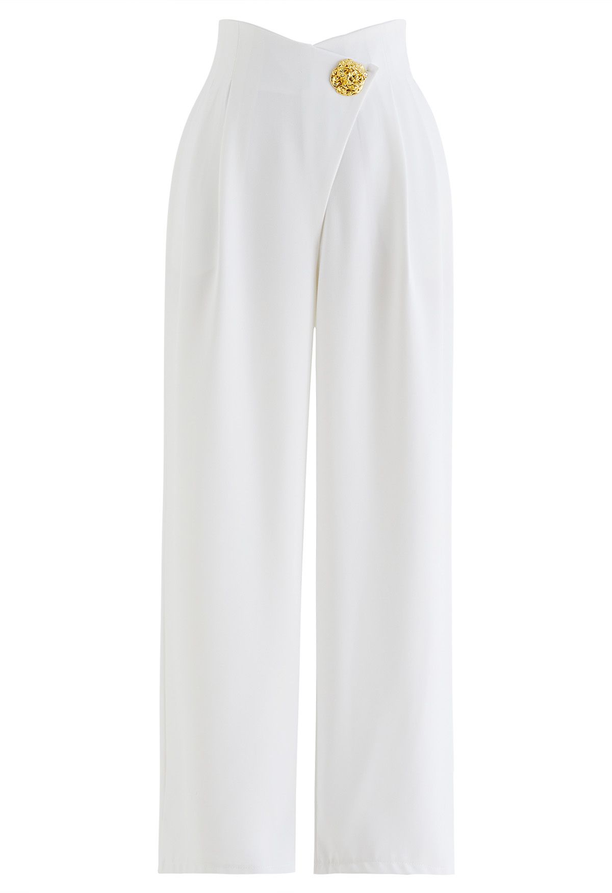 Pantalon droit à taille croisée et boutons dorés en blanc