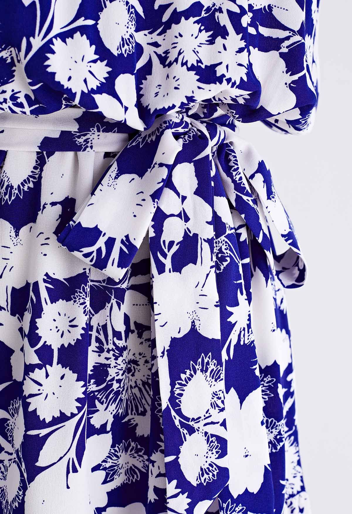 Robe longue nouée à la taille dos nu en indigo floral