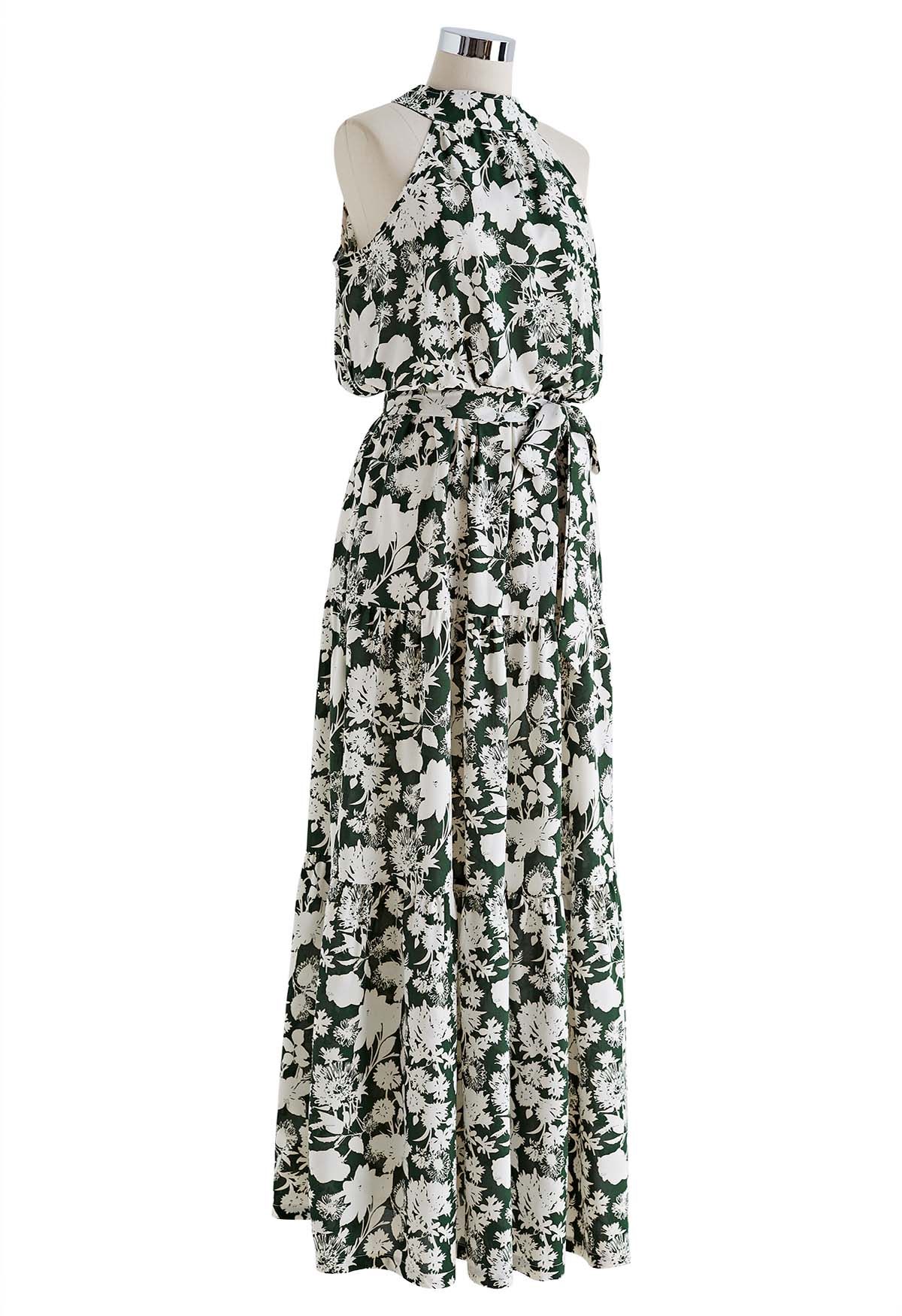 Robe longue licou à taille nouée à fleurs vertes