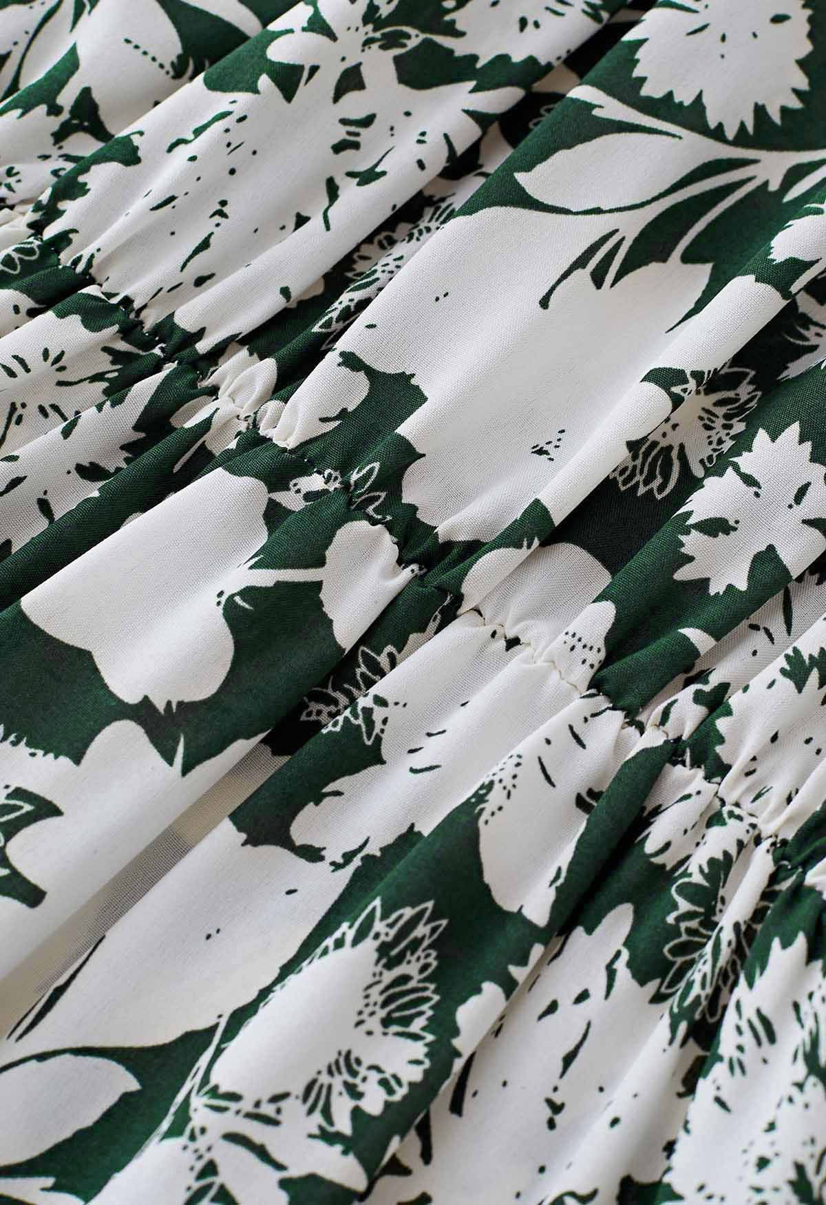 Robe longue licou à taille nouée à fleurs vertes