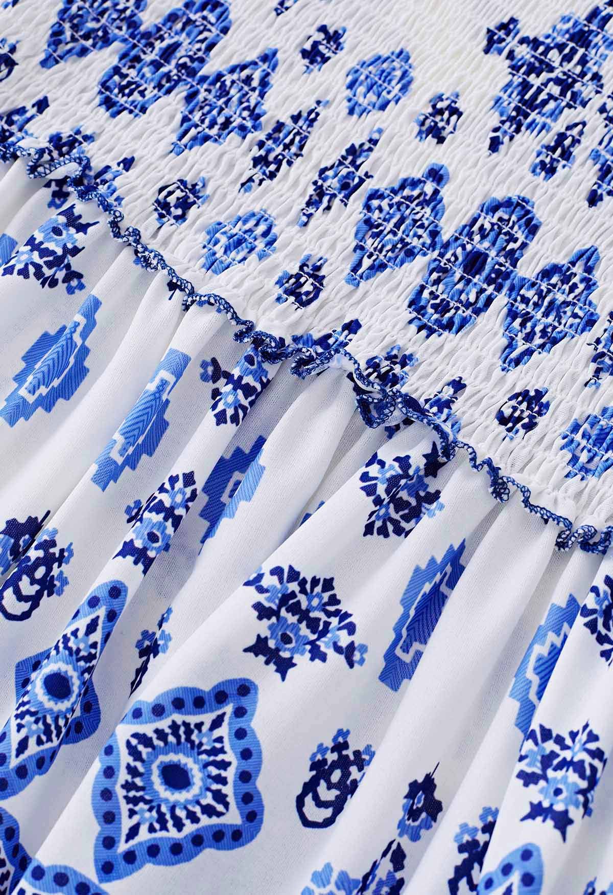 Robe longue bleue à imprimé carreaux et bretelles nouées