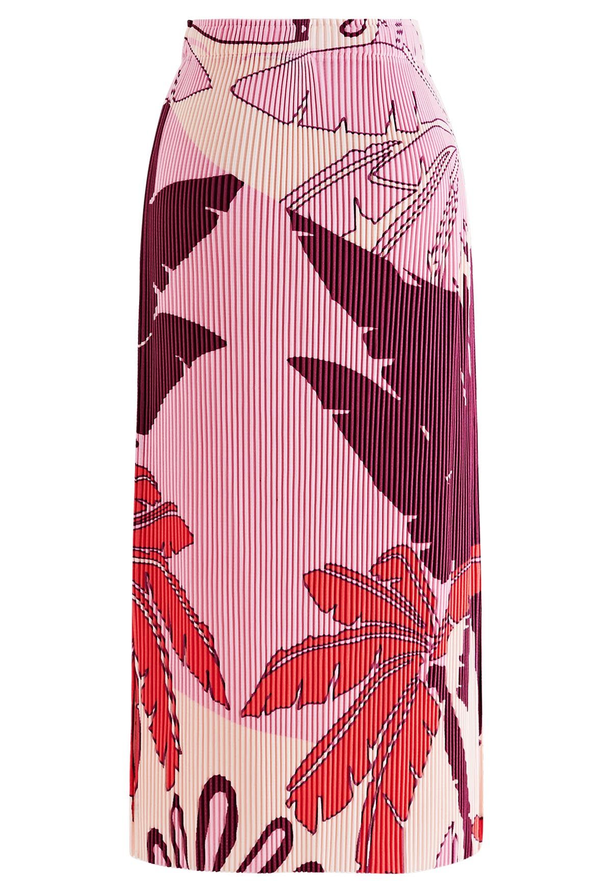 Jupe crayon plissée à imprimé palmiers tropicaux