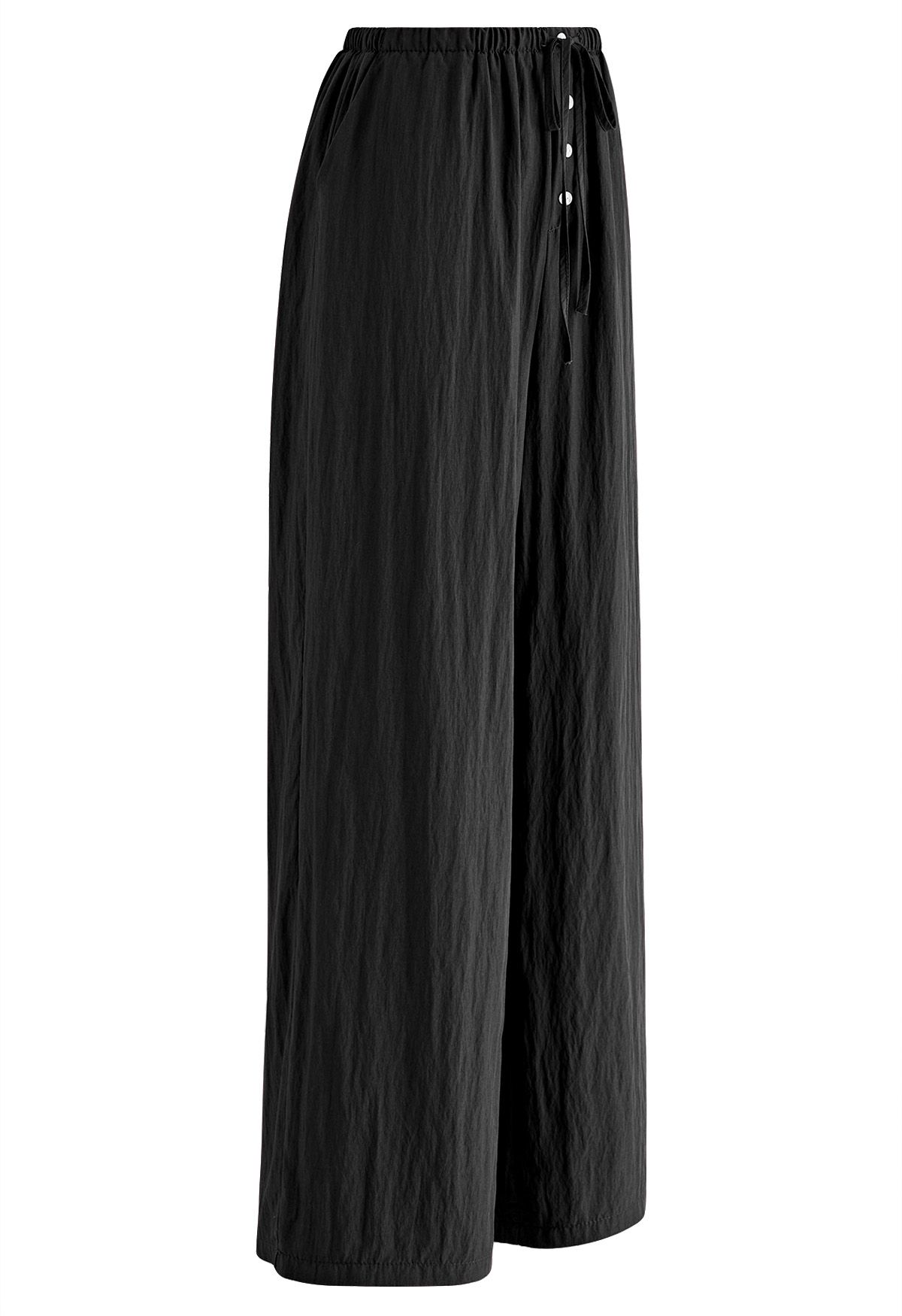 Pantalon droit à taille élastique avec cordon de serrage en noir