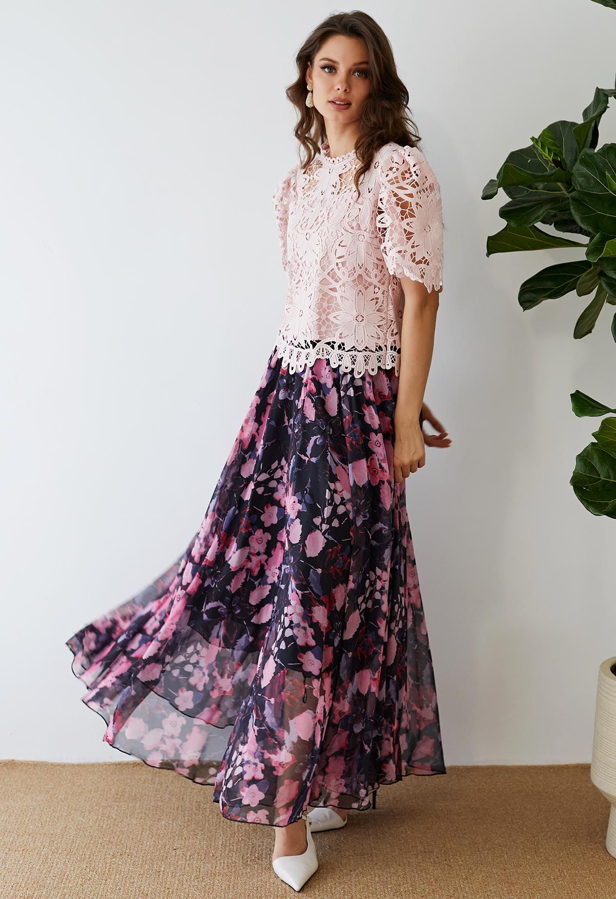 Superbe jupe longue en mousseline de soie aquarelle florale rose