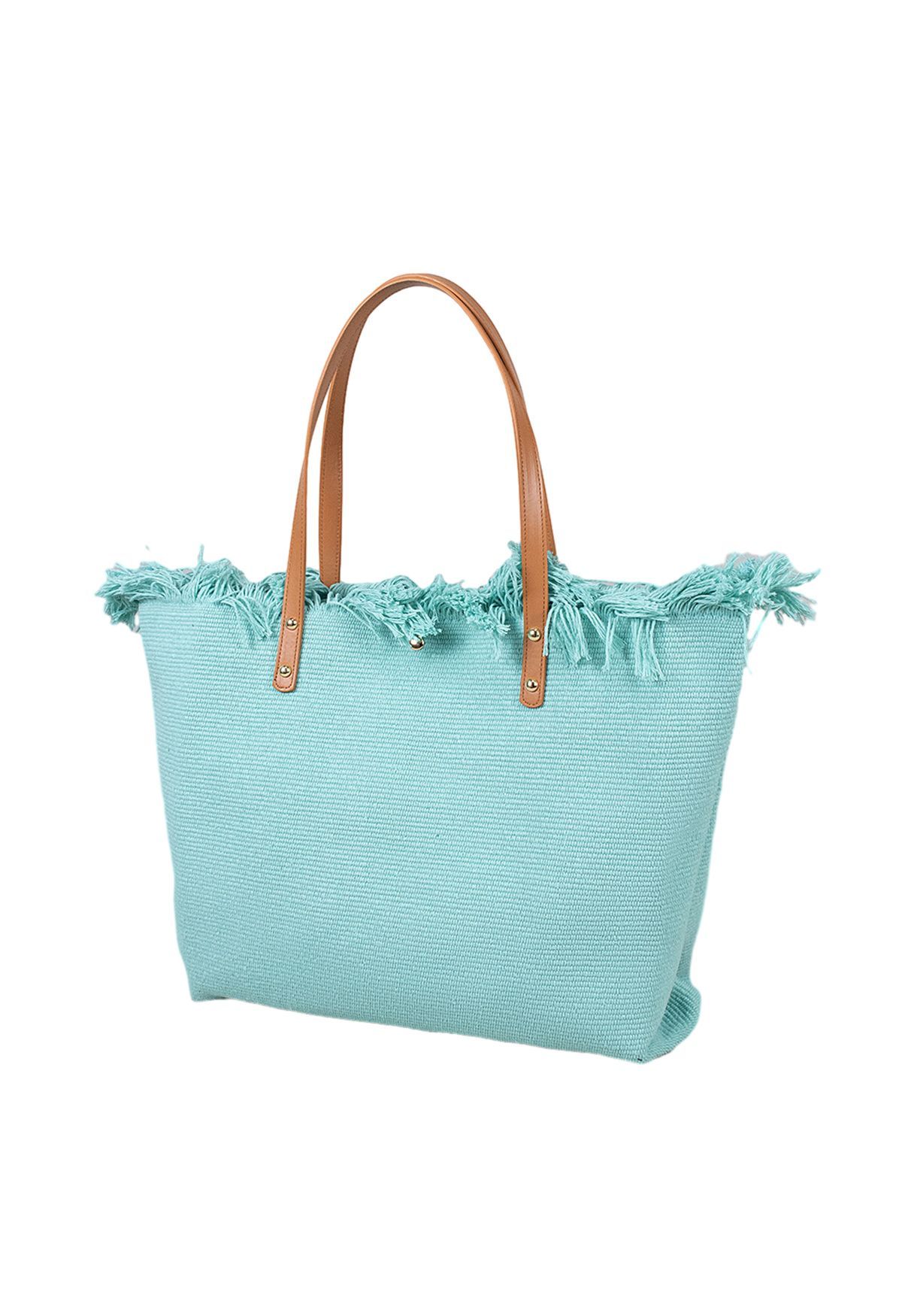 Sac fourre-tout en toile à pompons en menthe