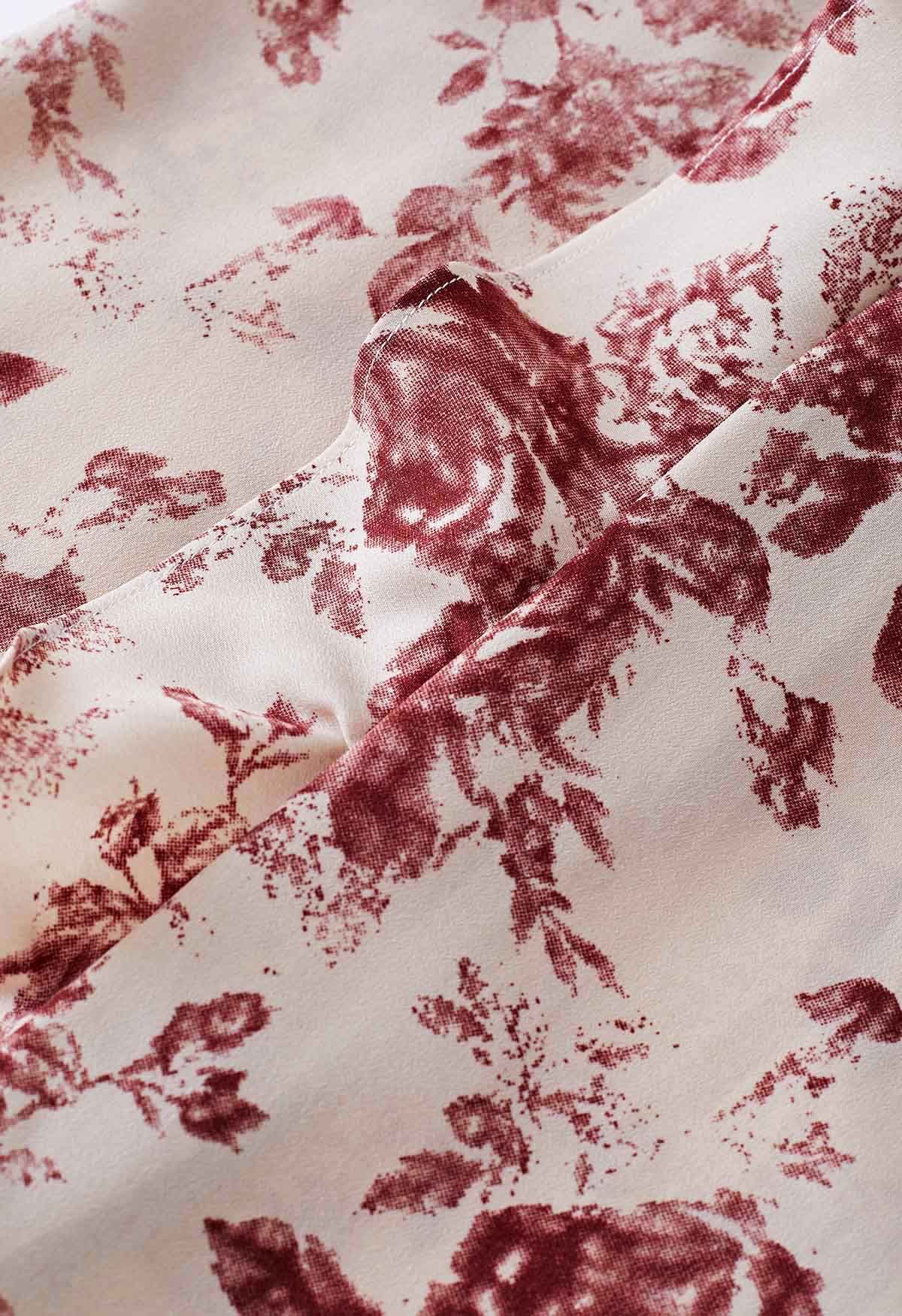 Robe camisole fendue sur le côté à volants et fleurs rouille