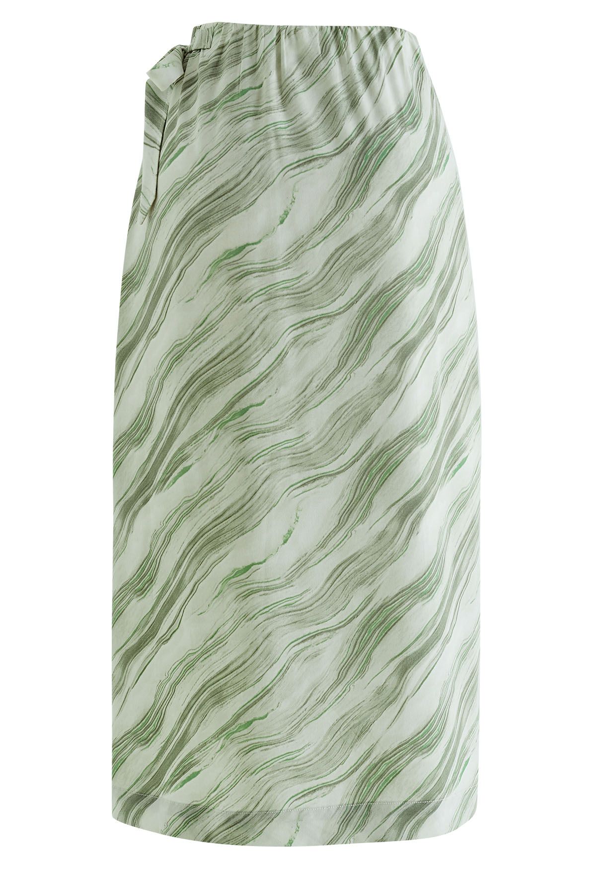 Jupe mi-longue à rabat à taille nouée à imprimé marbré en vert