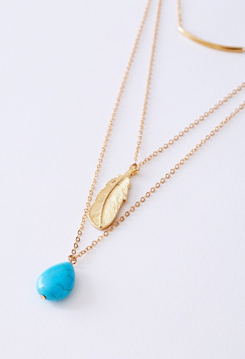 Collier Multi-Couches Pendentif Plume Turquoise en Or