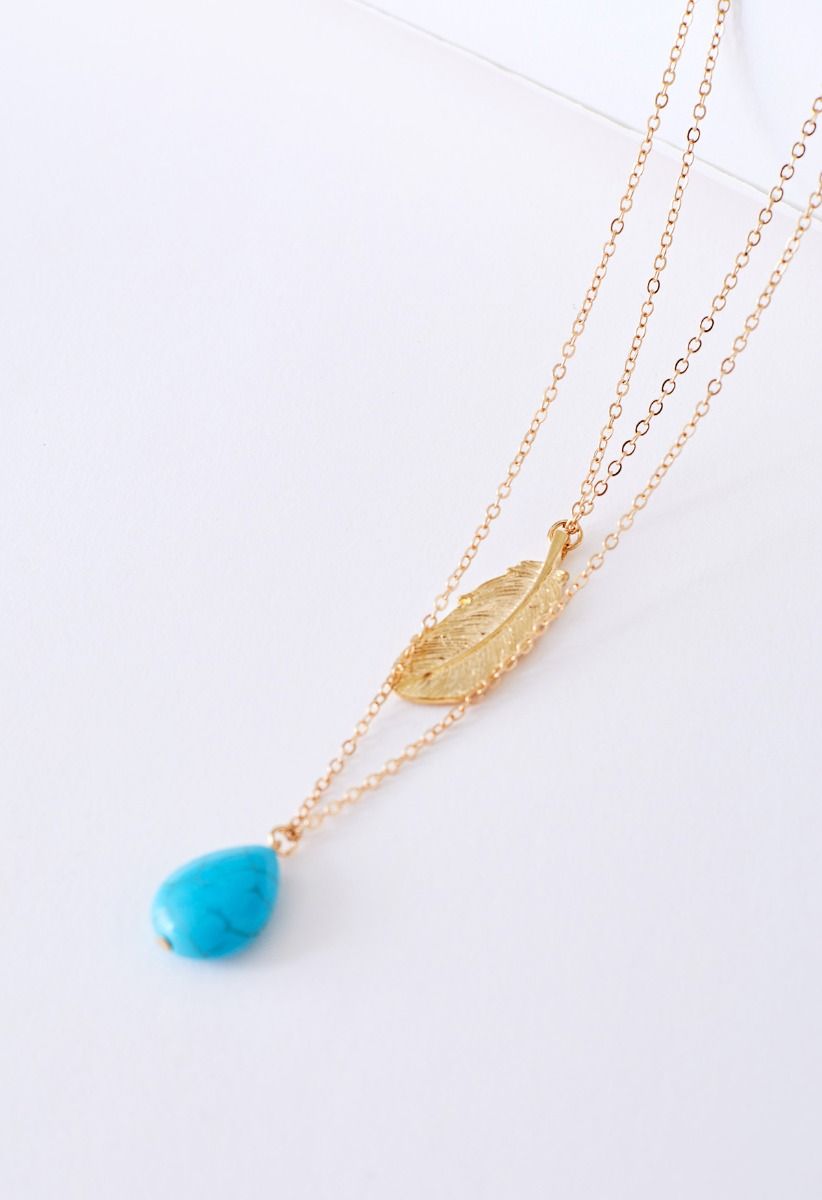 Collier Multi-Couches Pendentif Plume Turquoise en Or