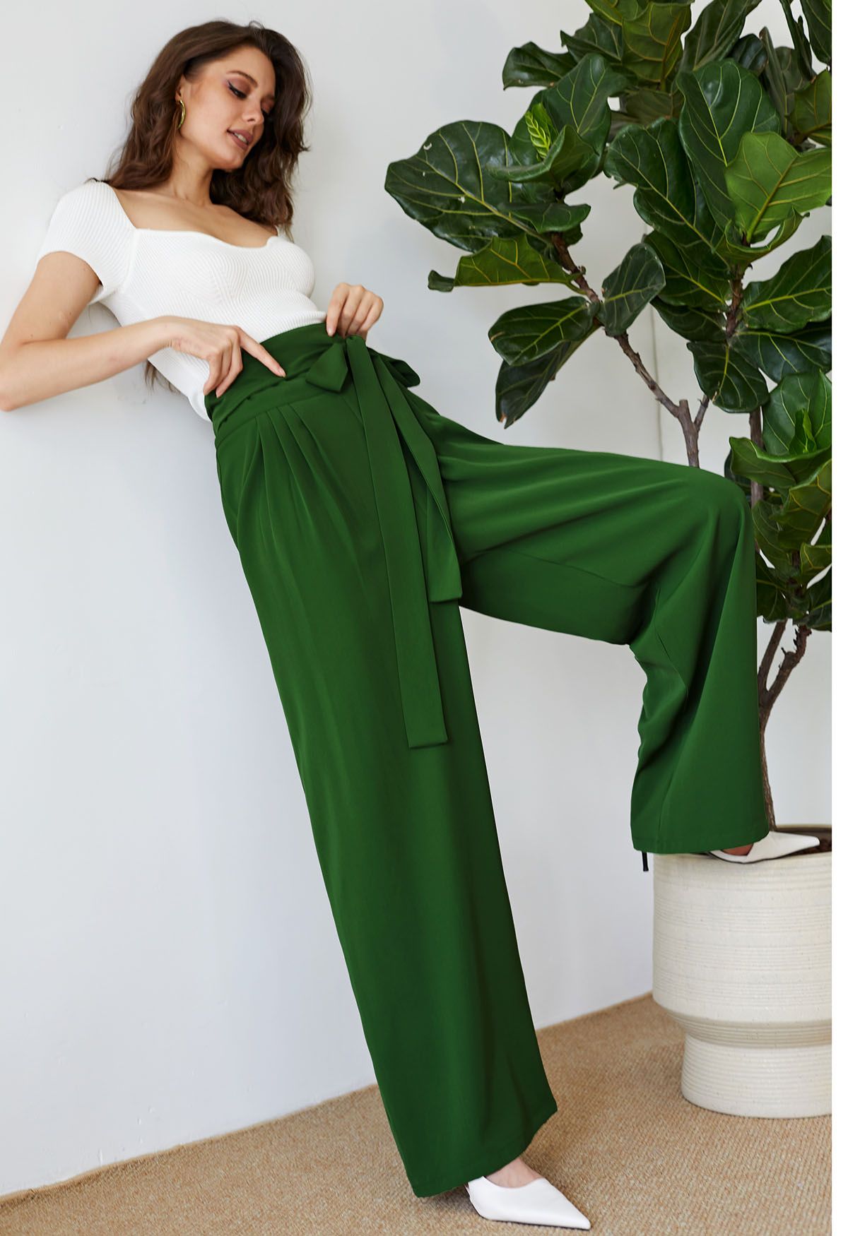 Pantalon large taille haute Bowknot en vert foncé