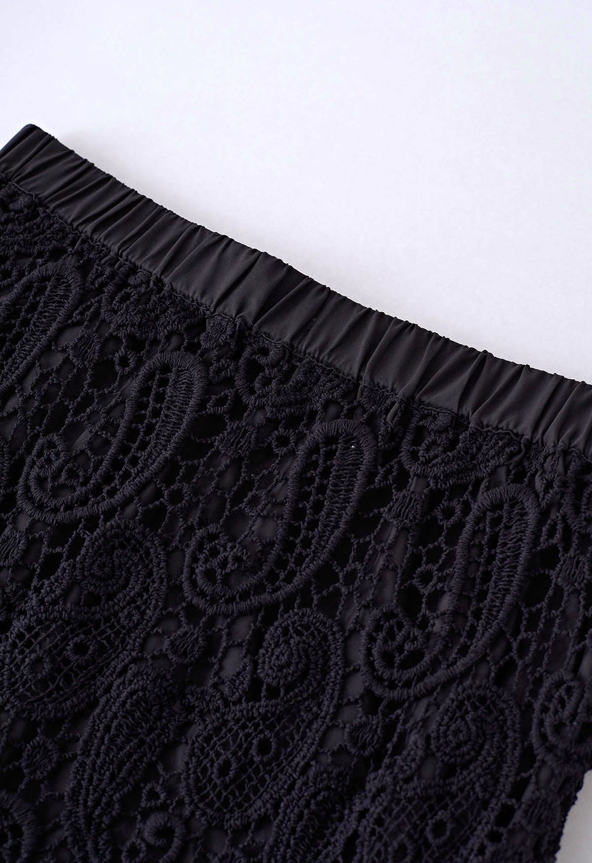 Jupe longue en dentelle Paisley Cutwork en noir