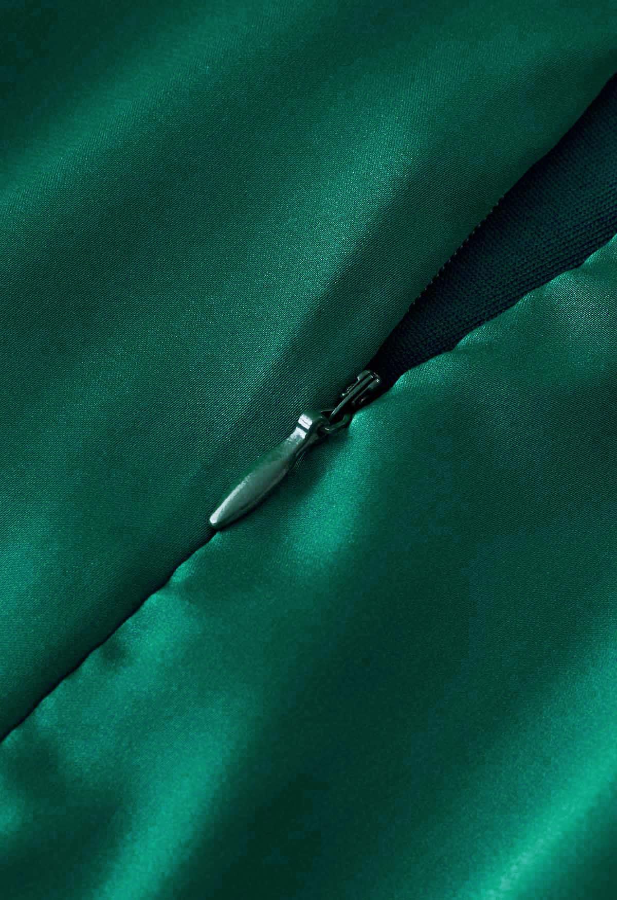 Combishort sans manches en satin à encolure froncée asymétrique en vert foncé