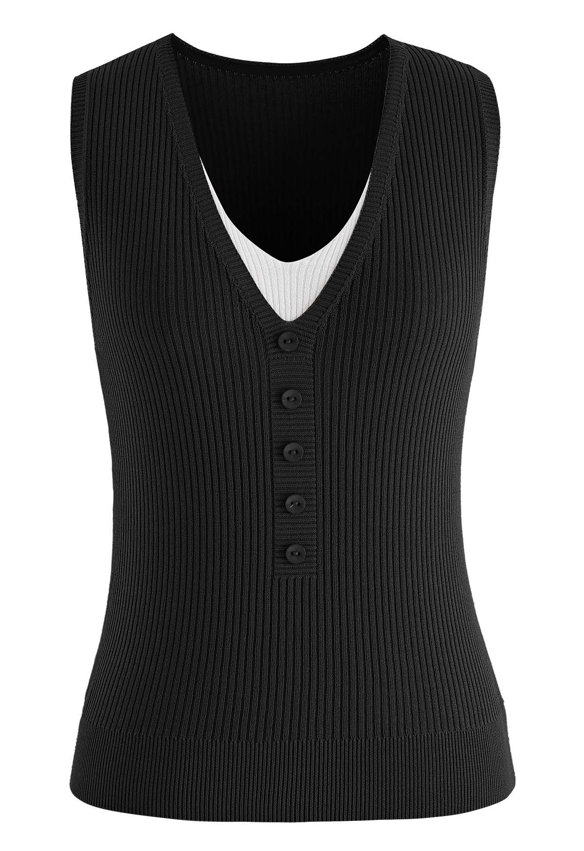 Faux haut boutonné en tricot côtelé deux pièces en noir