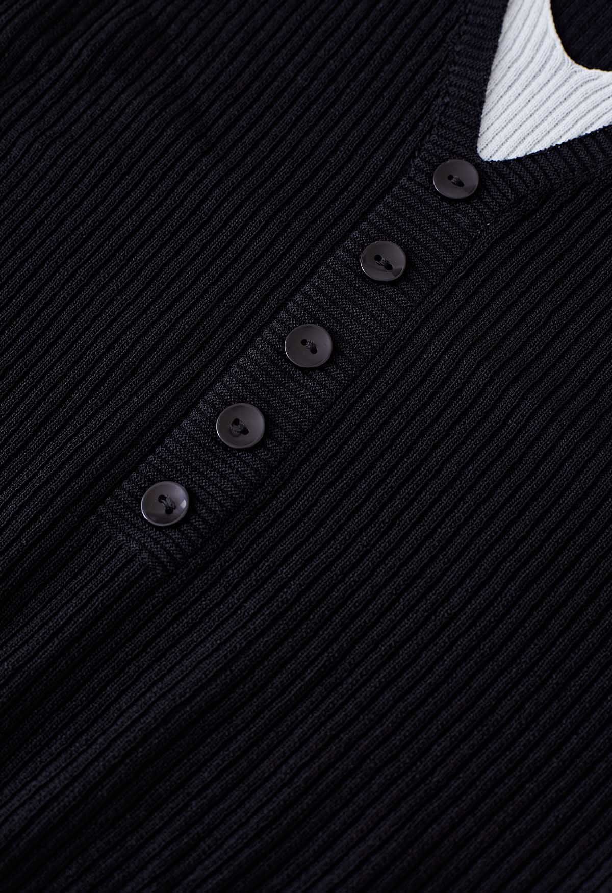 Faux haut boutonné en tricot côtelé deux pièces en noir