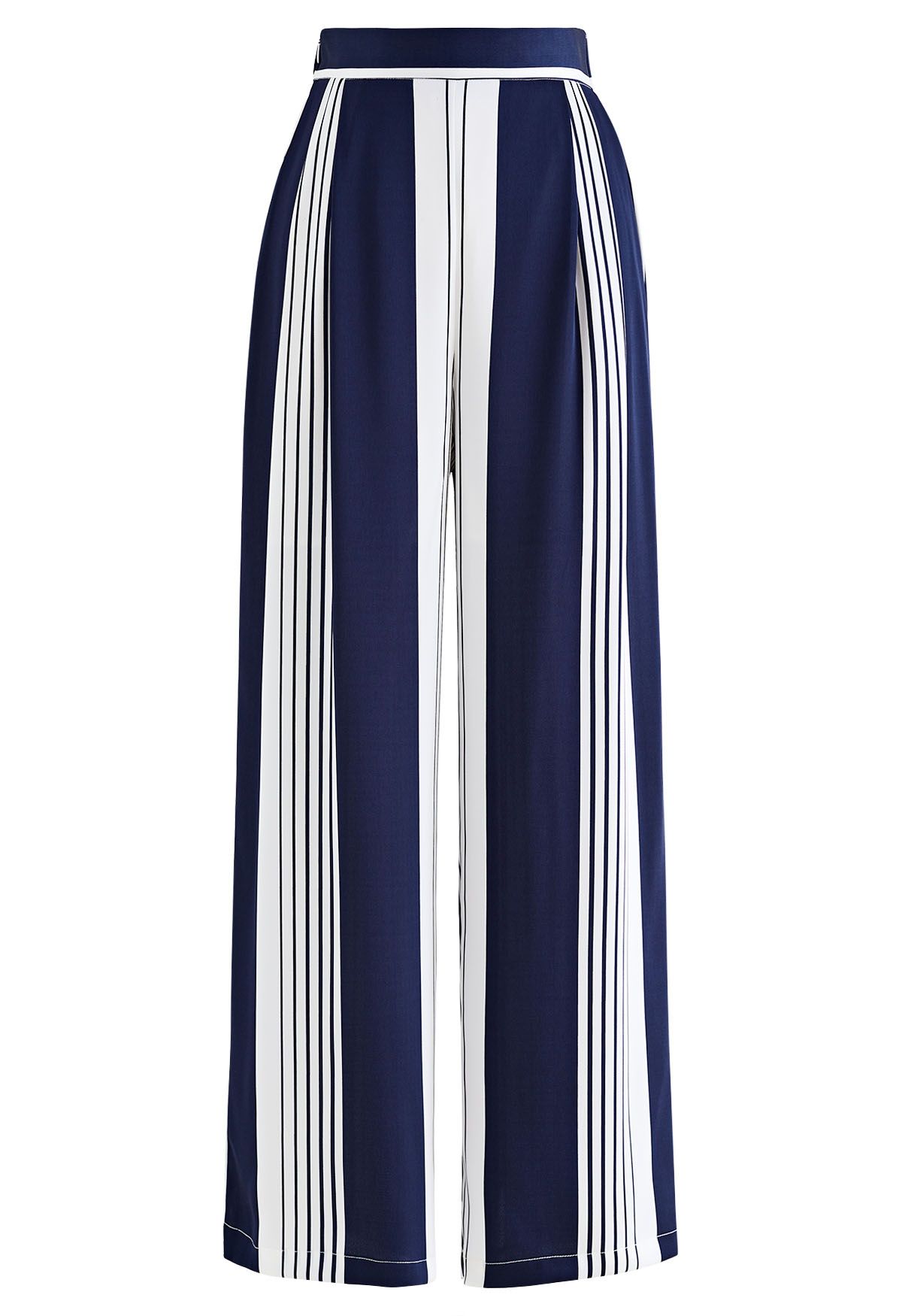 Pantalon droit en satin à rayures contrastantes en bleu marine
