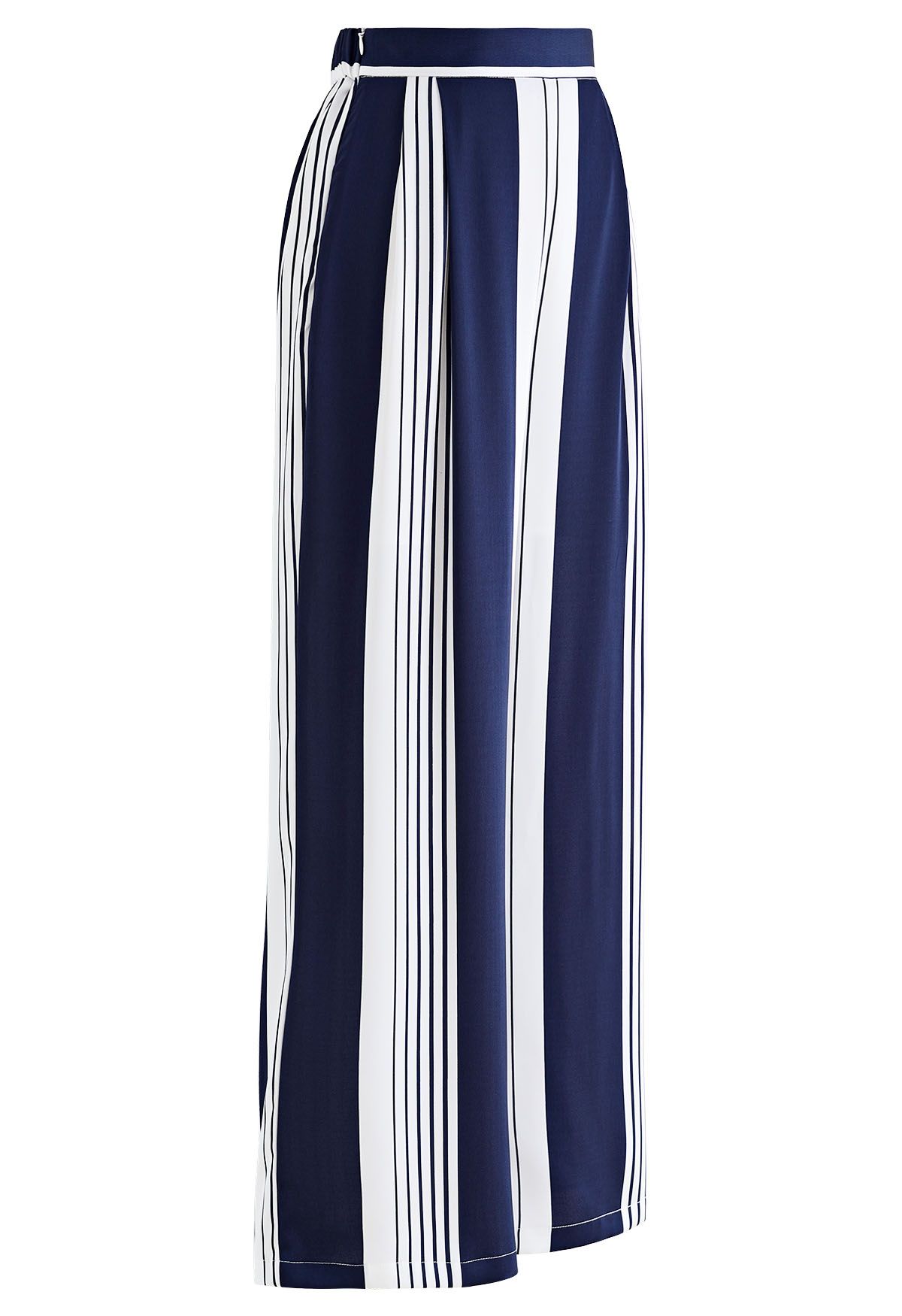 Pantalon droit en satin à rayures contrastantes en bleu marine