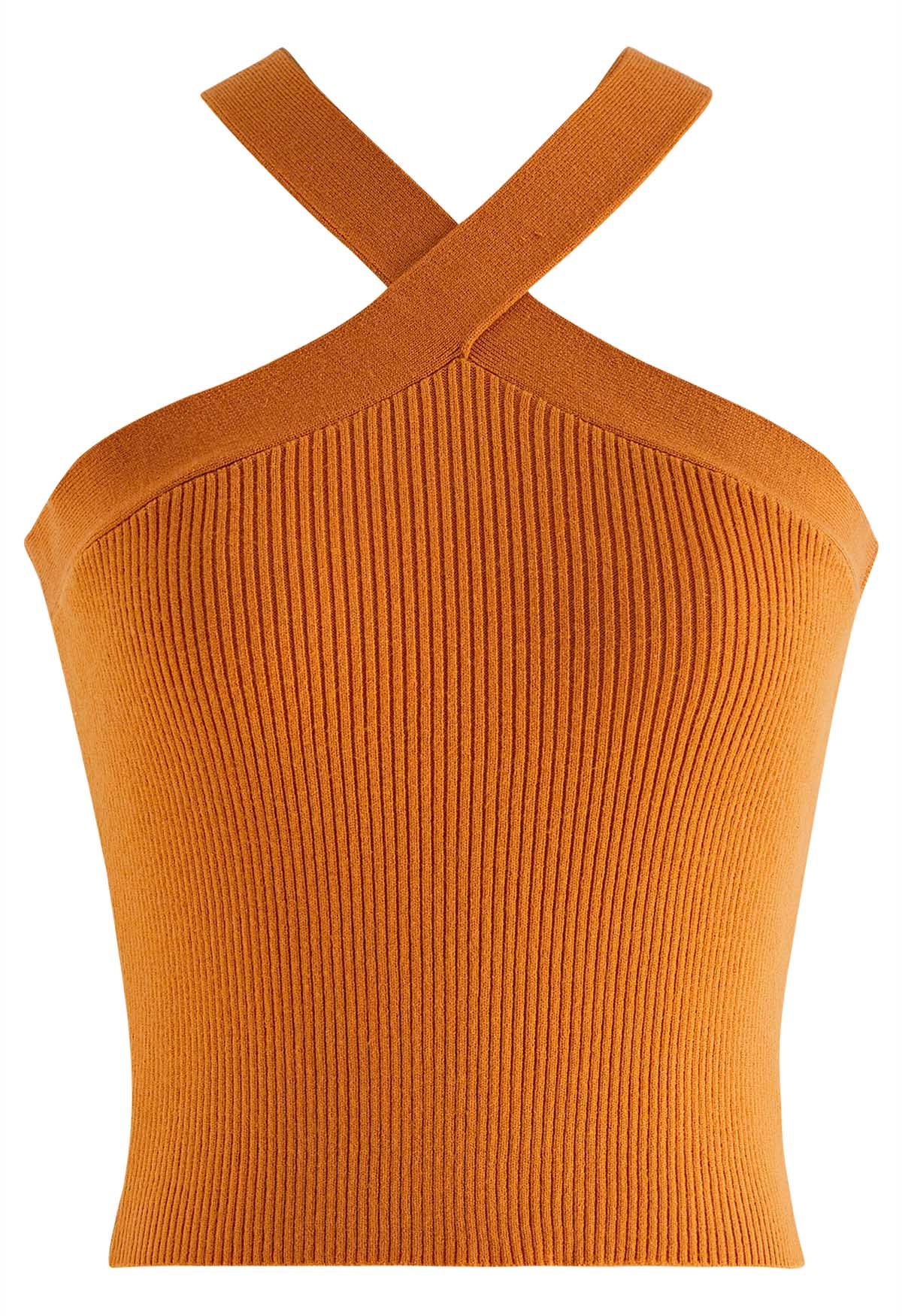 Haut en tricot dos nu à bretelles croisées en orange