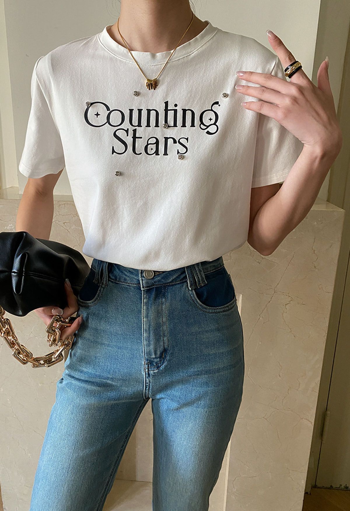 T-shirt à col rond imprimé Counting Stars en blanc