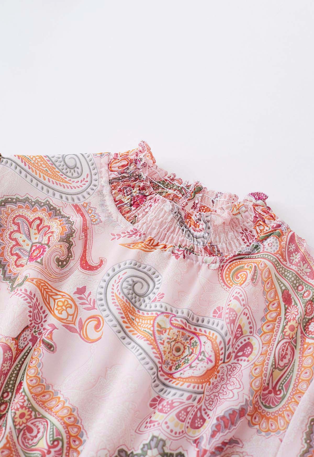 Robe en Mousseline de Soie Imprimée Paisley avec Ceinture en Rose