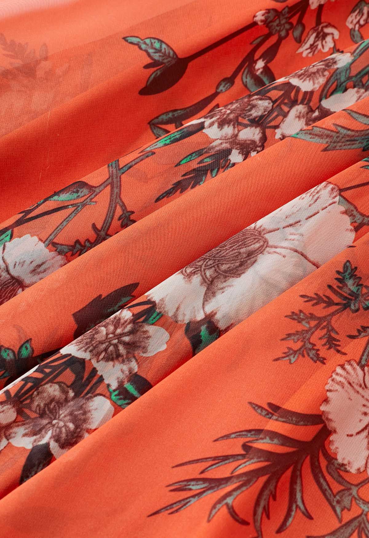 Jupe longue en mousseline imprimée bouquet orange