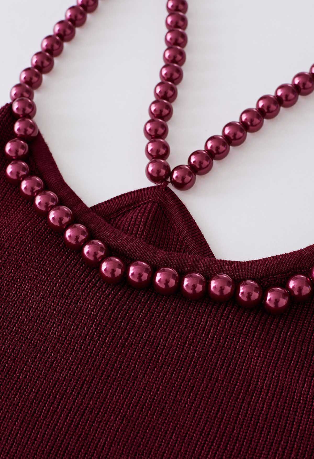 Crop top en tricot à bretelles perlées en rouge