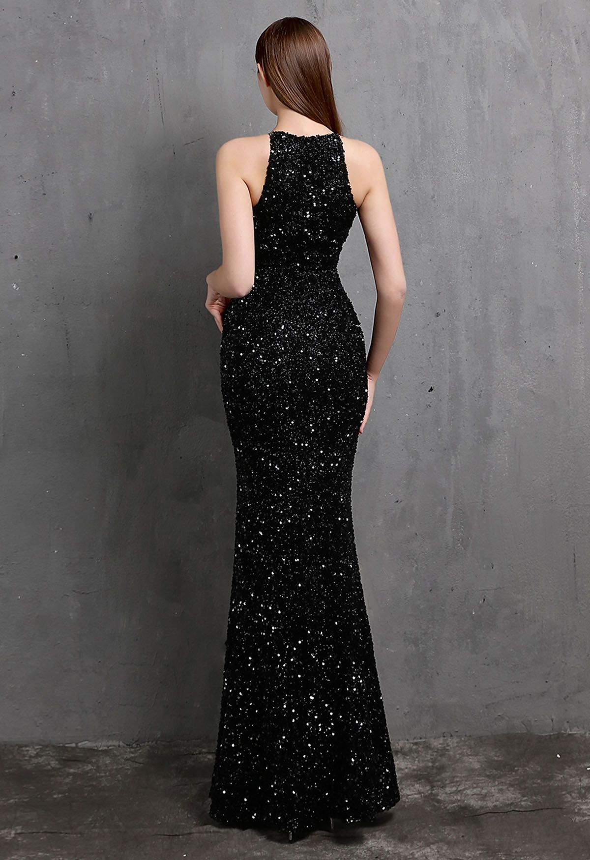 Robe Sirène Fendue à Paillettes et Découpe à Col Halter en Noir