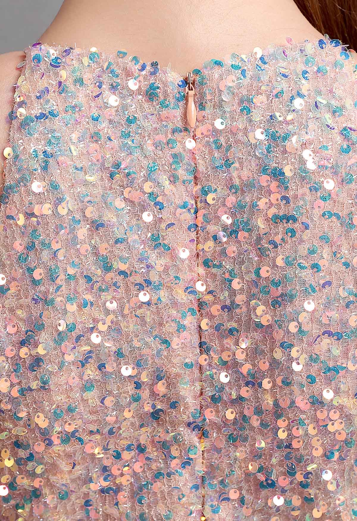 Robe Sirène Fendue à Paillettes et Découpe à Col Halter en Rose