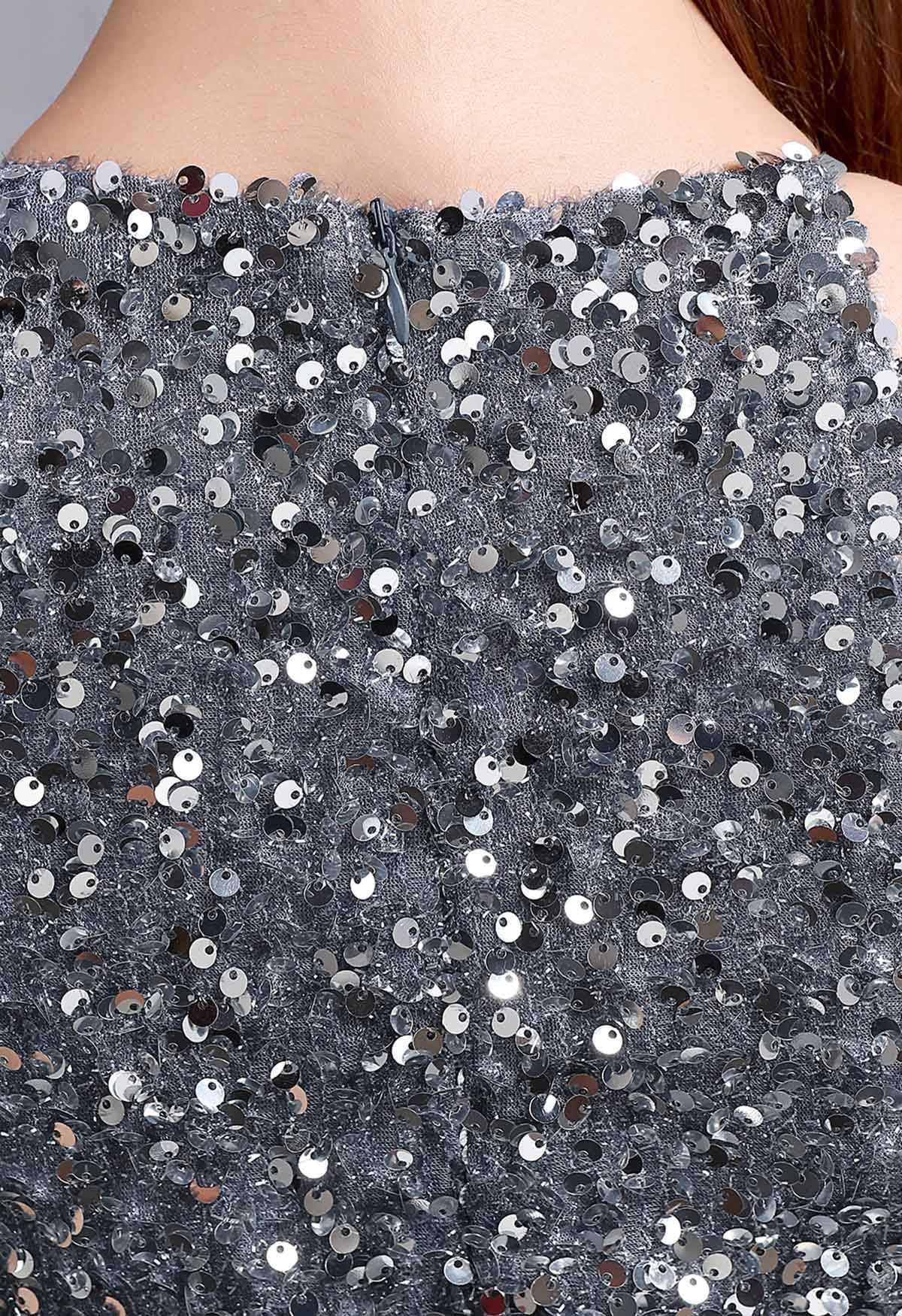 Robe Sirène Fendue à Paillettes et Découpe à Col Halter en Gris