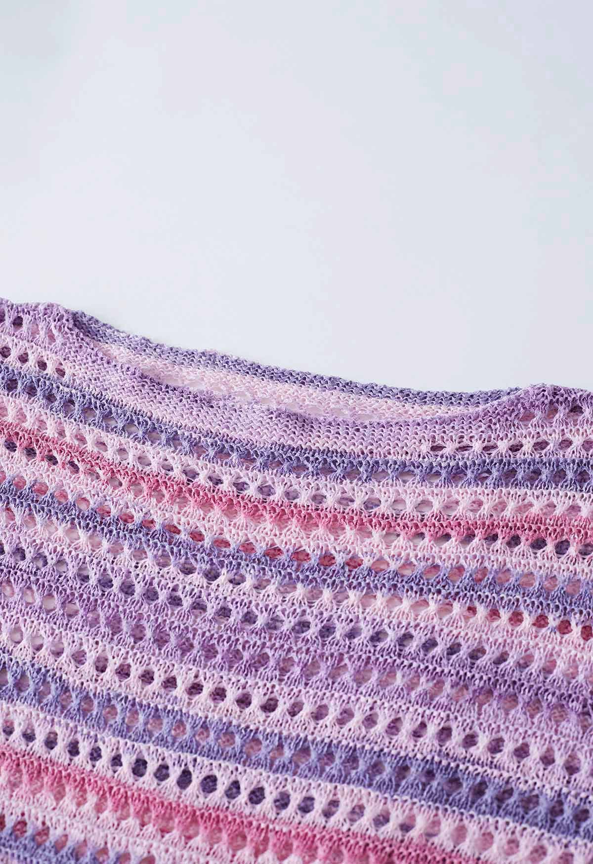Pull en tricot évidé à rayures colorées en rose