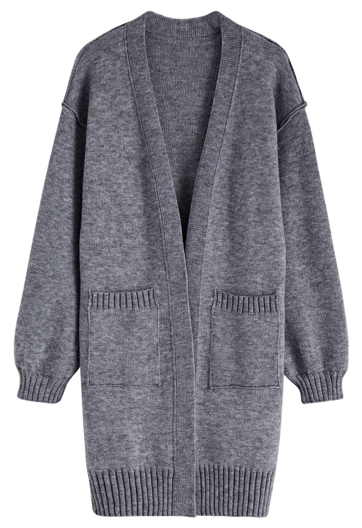 Cardigan décontracté en tricot surdimensionné ouvert sur le devant avec poches en gris