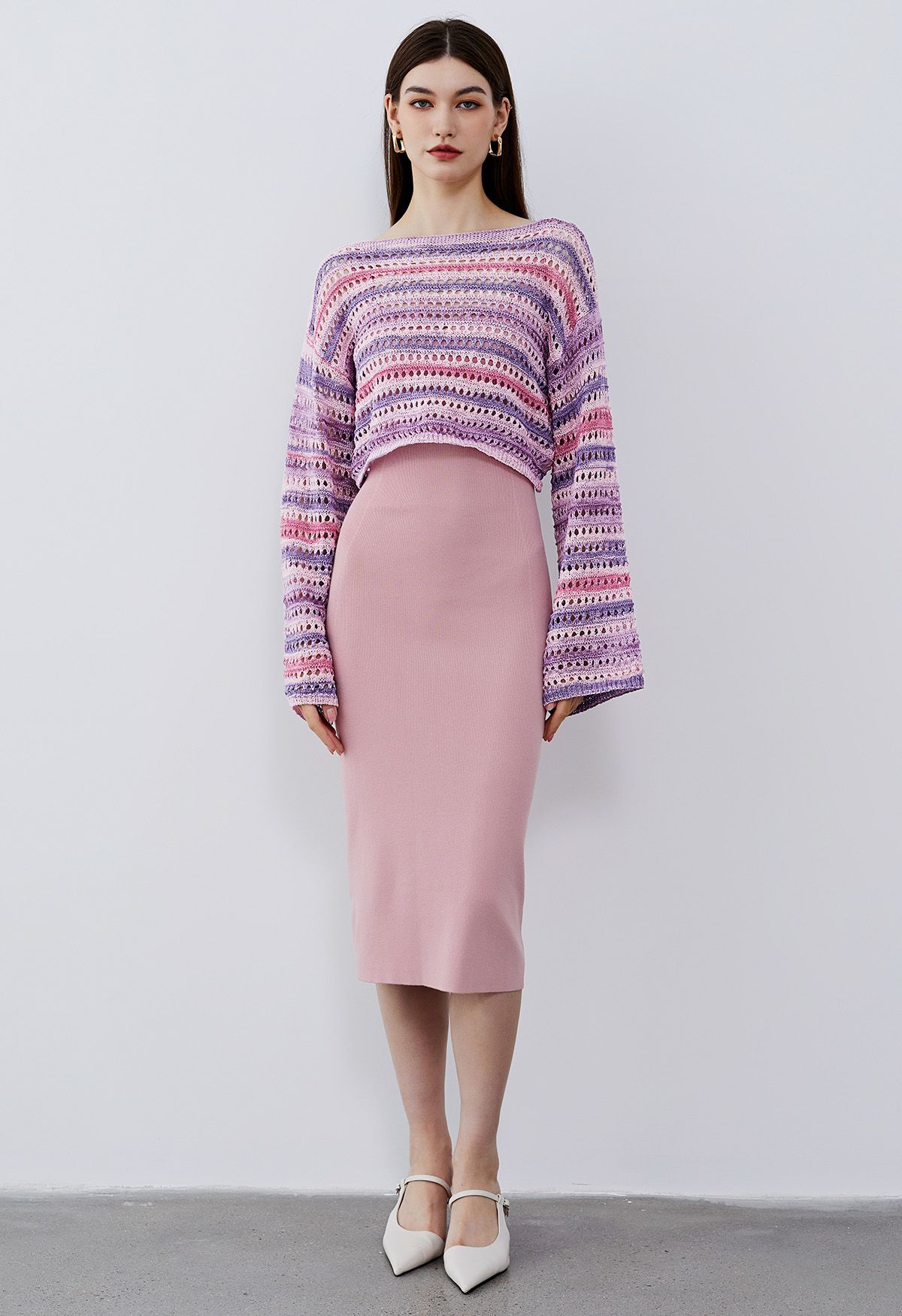 Pull en tricot évidé à rayures colorées en rose