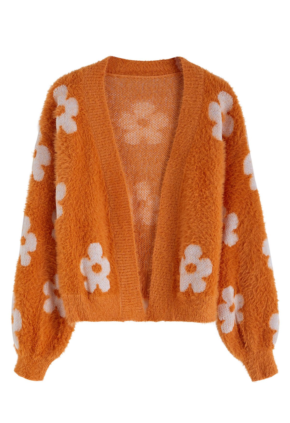 Cardigan en tricot pelucheux à fleurs mignonnes en orange