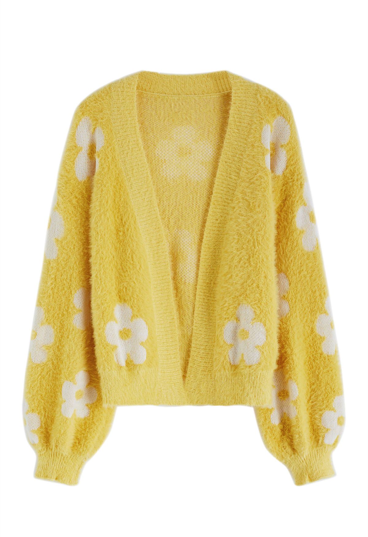 Cardigan en tricot pelucheux à fleurs mignonnes en jaune