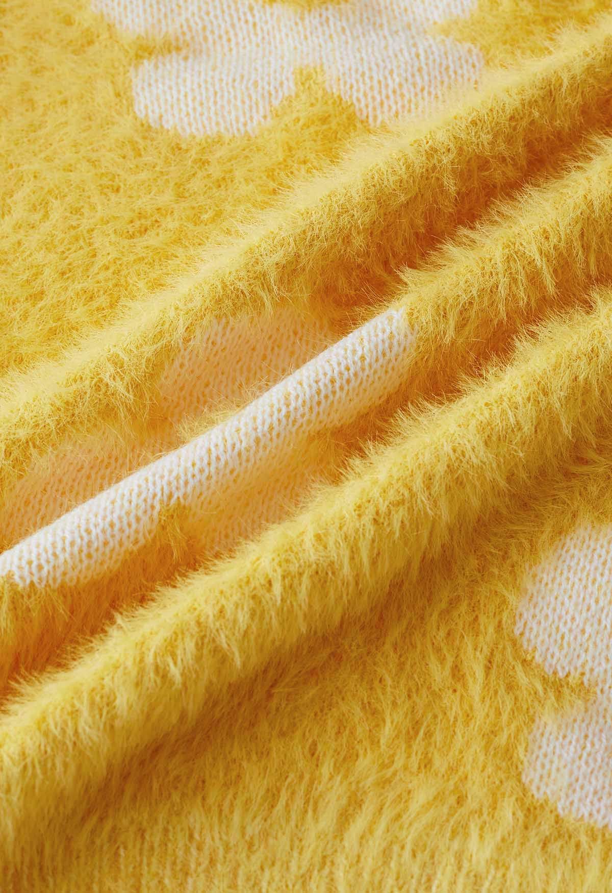 Cardigan en tricot pelucheux à fleurs mignonnes en jaune