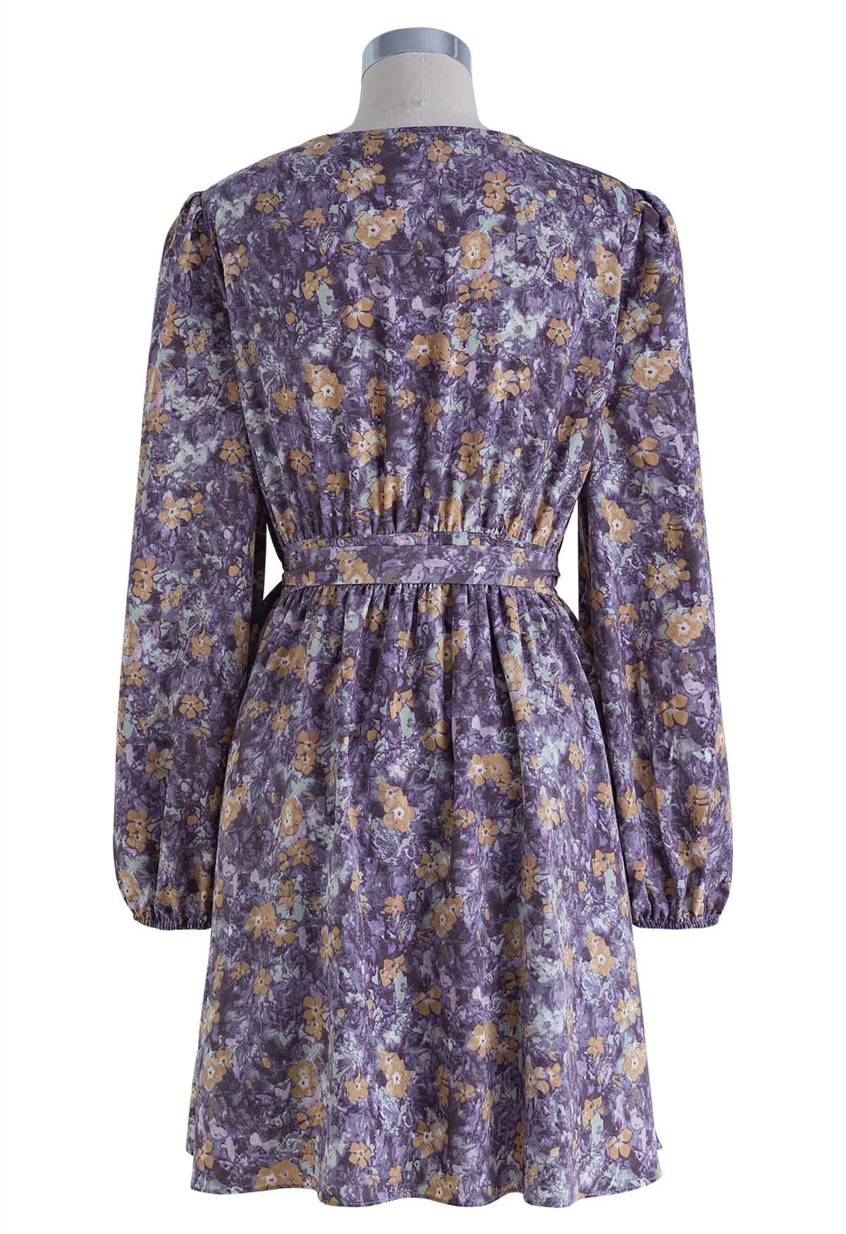 Mini-robe portefeuille en mousseline de soie Floret Landscape en violet