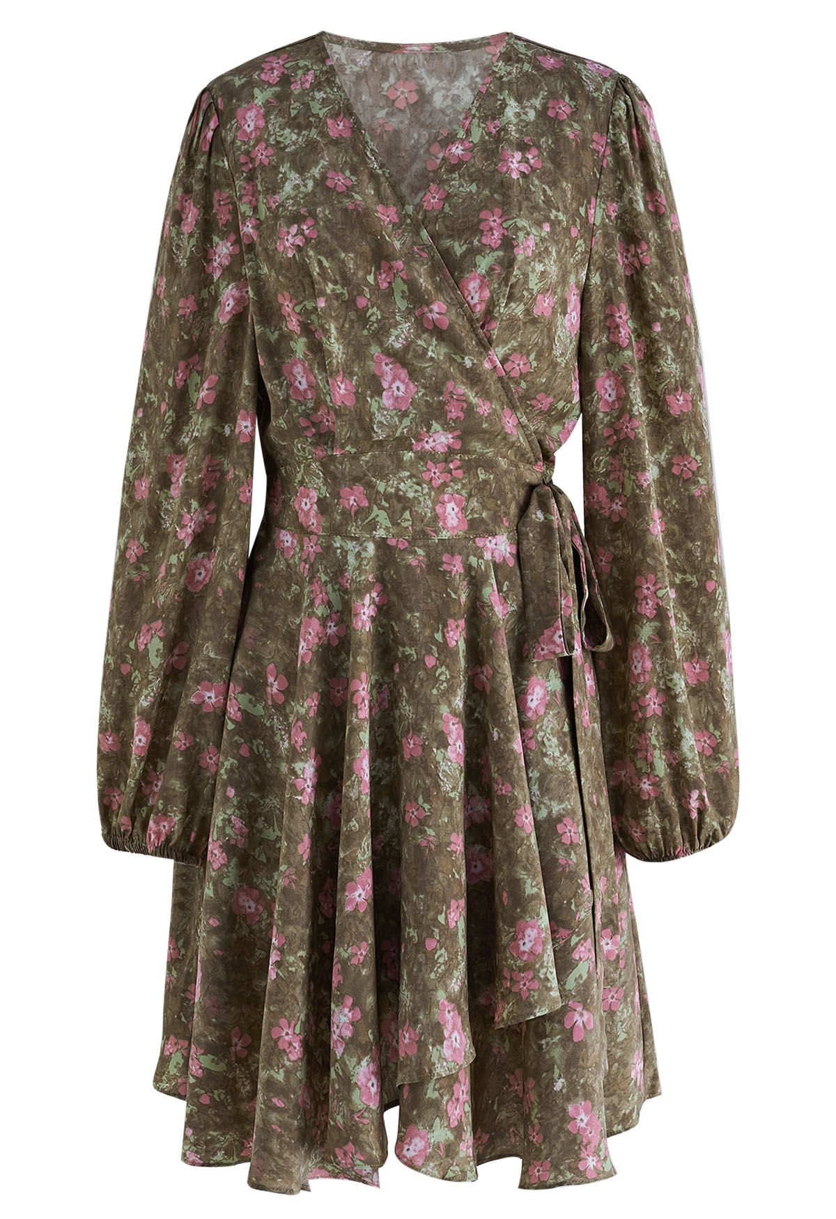 Mini robe portefeuille en mousseline de soie Floret Landscape en marron