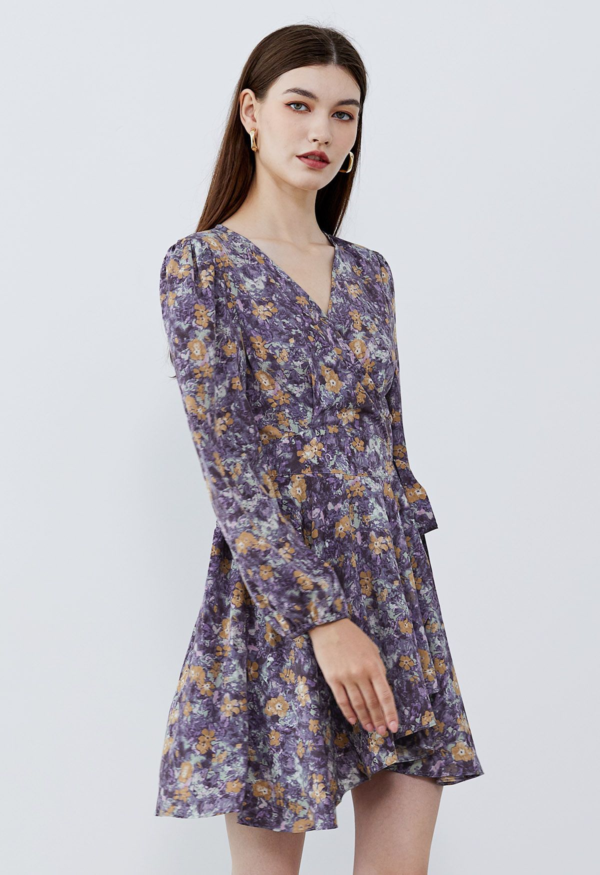 Mini-robe portefeuille en mousseline de soie Floret Landscape en violet