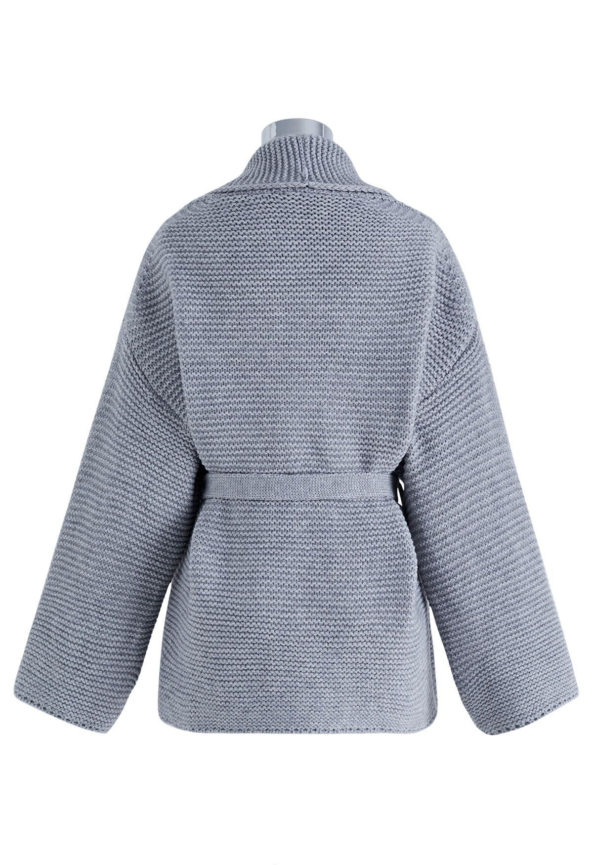 Cardigan en tricot gaufré à nouer avec col en gris