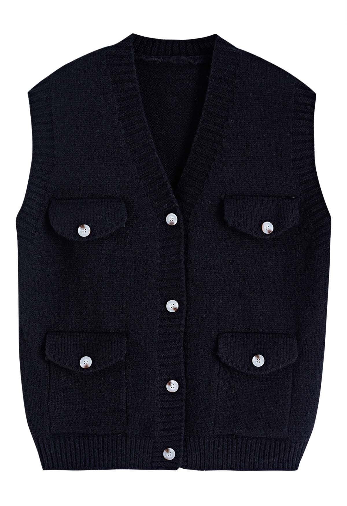 Gilet en tricot boutonné avec poche à rabat en noir