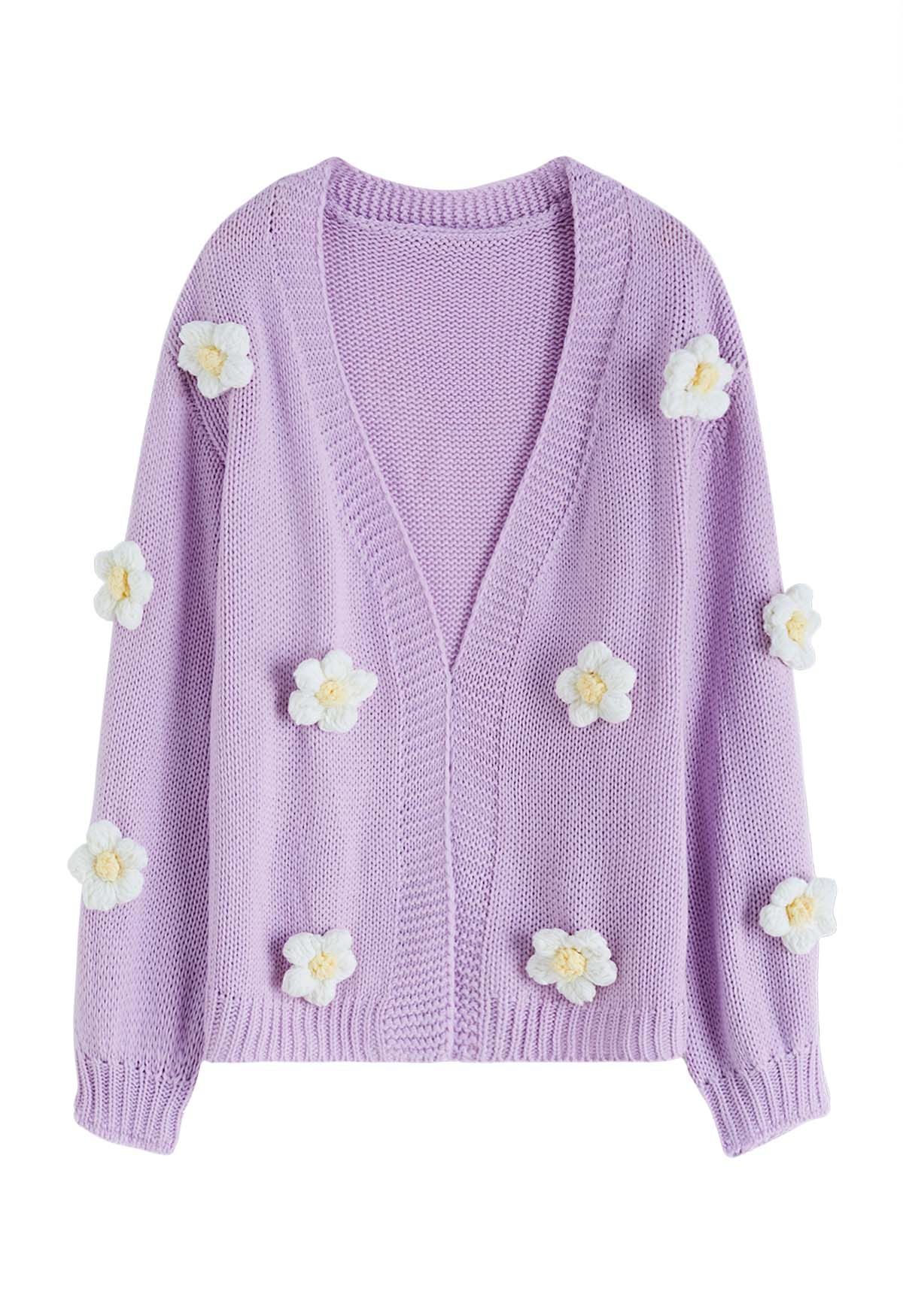 Cardigan en tricot ouvert sur le devant à fleurs en point 3D en lilas