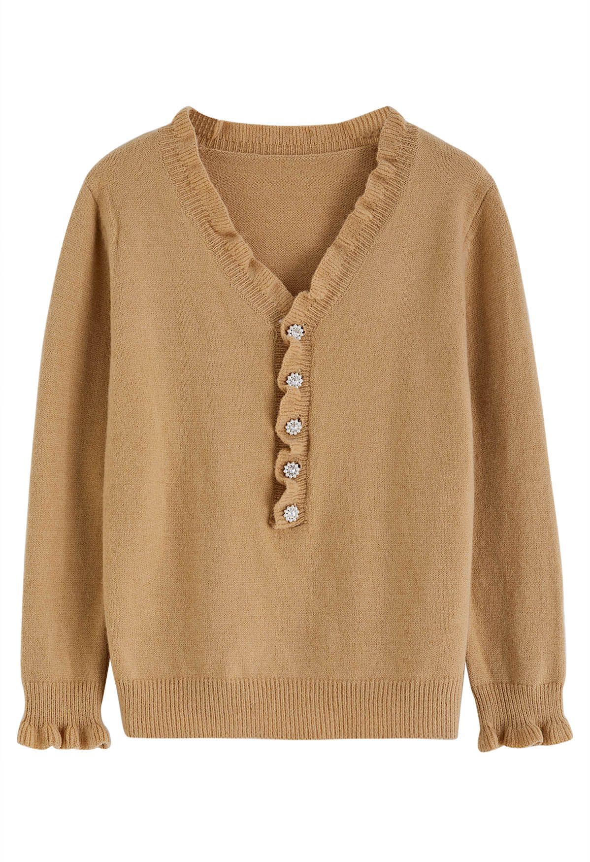 Pull en tricot boutonné sur le devant à volants, beige