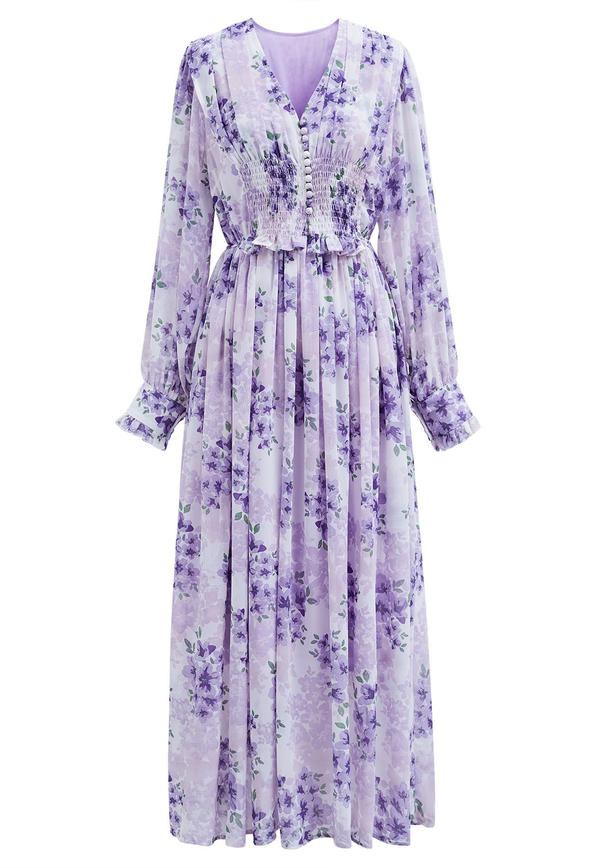 Robe longue froncée florale délicate en lilas