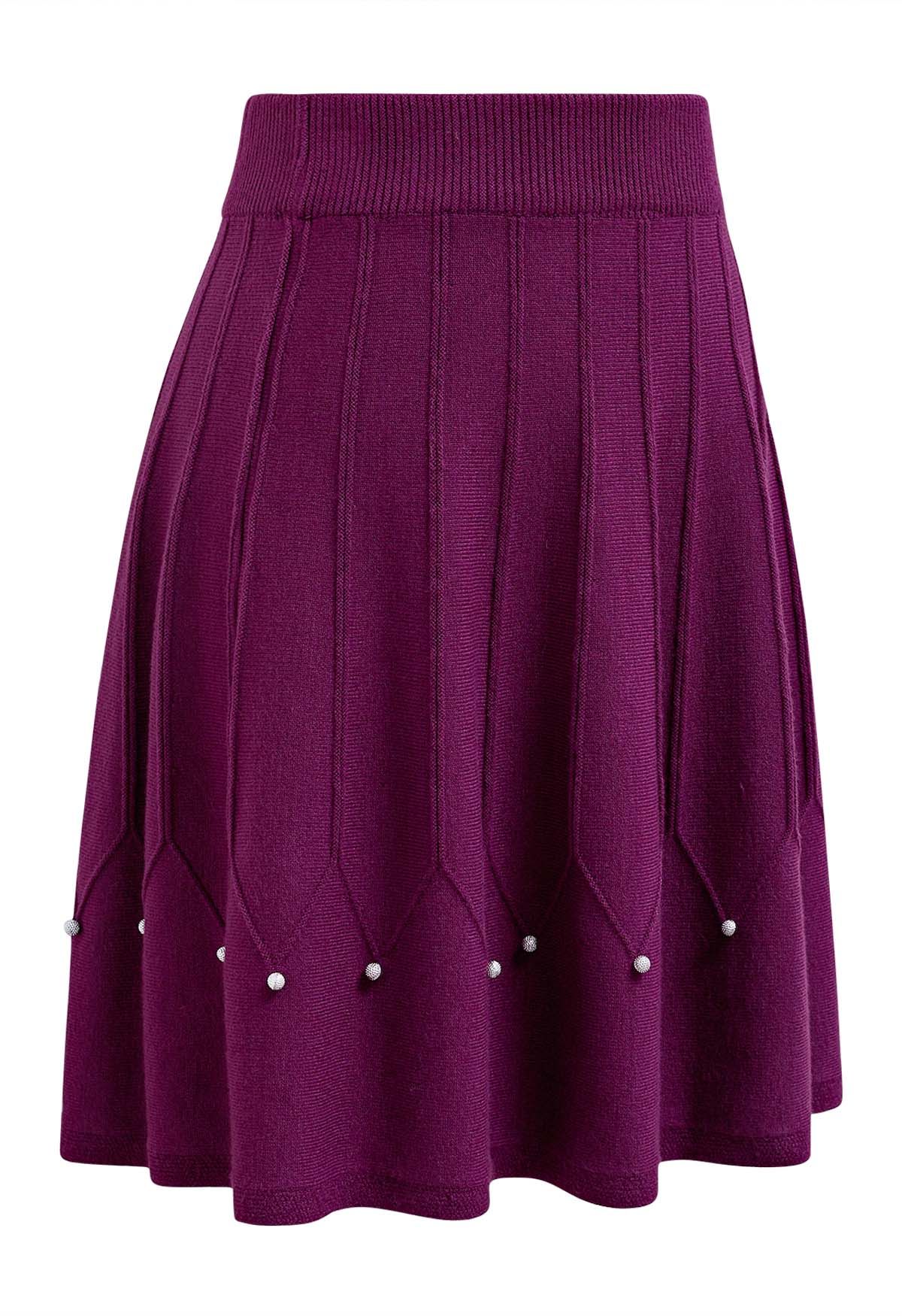 Jupe en tricot à coutures ornées de perles argentées en violet