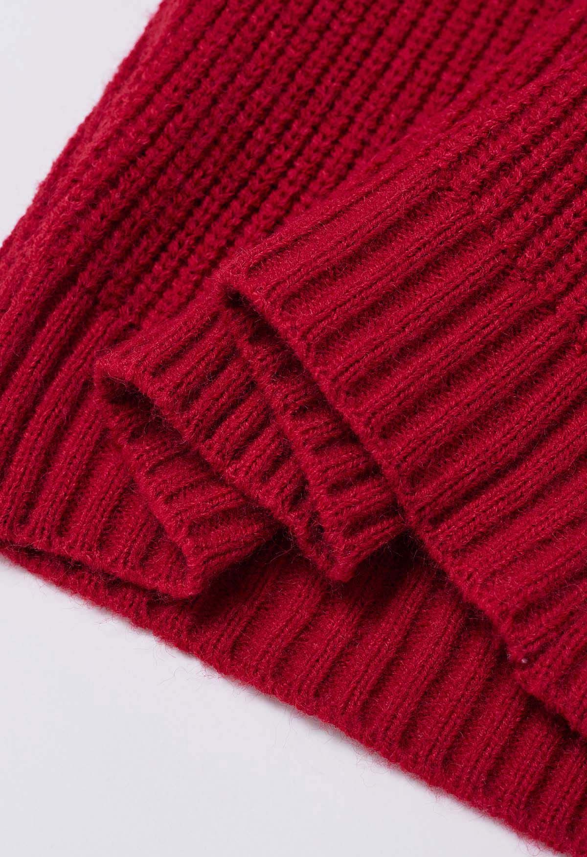Pull en tricot à manches courtes et col montant en rouge