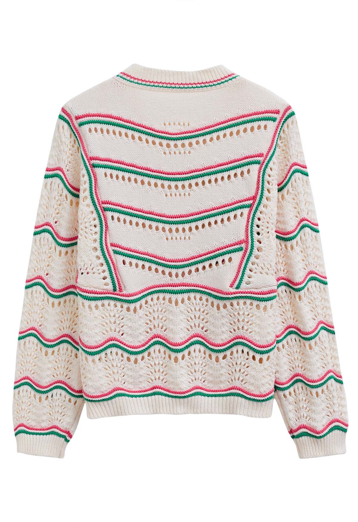 Pull en tricot ajouré à lignes ondulées contrastées