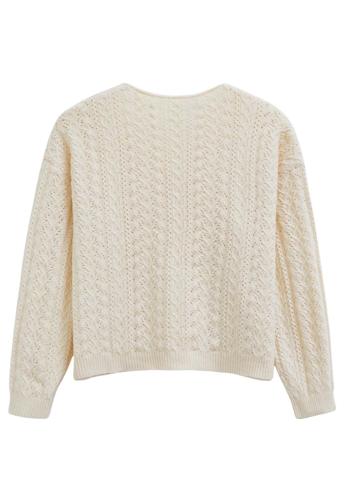 Pull en tricot pointelle à col en V en crème