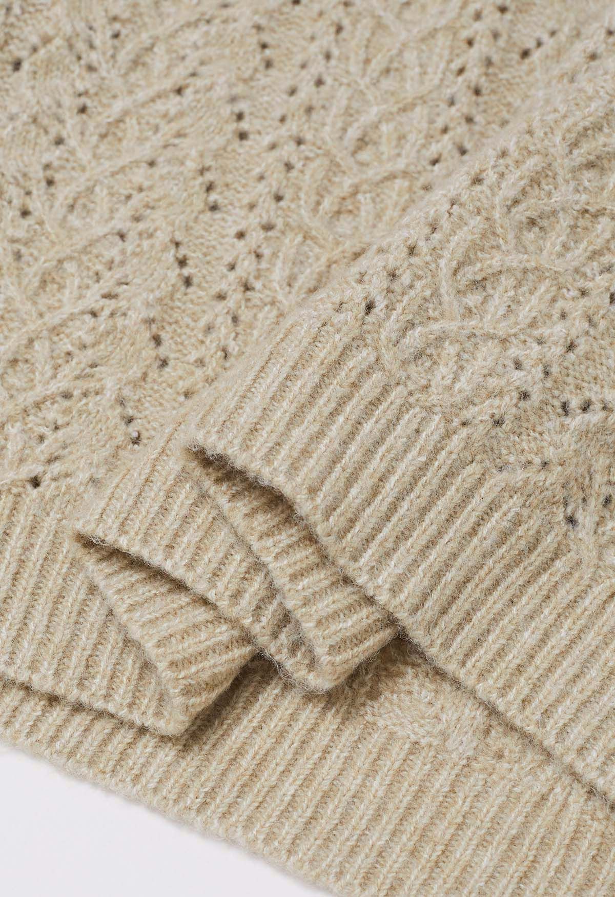 Pull en tricot pointelle à col en V en beige clair