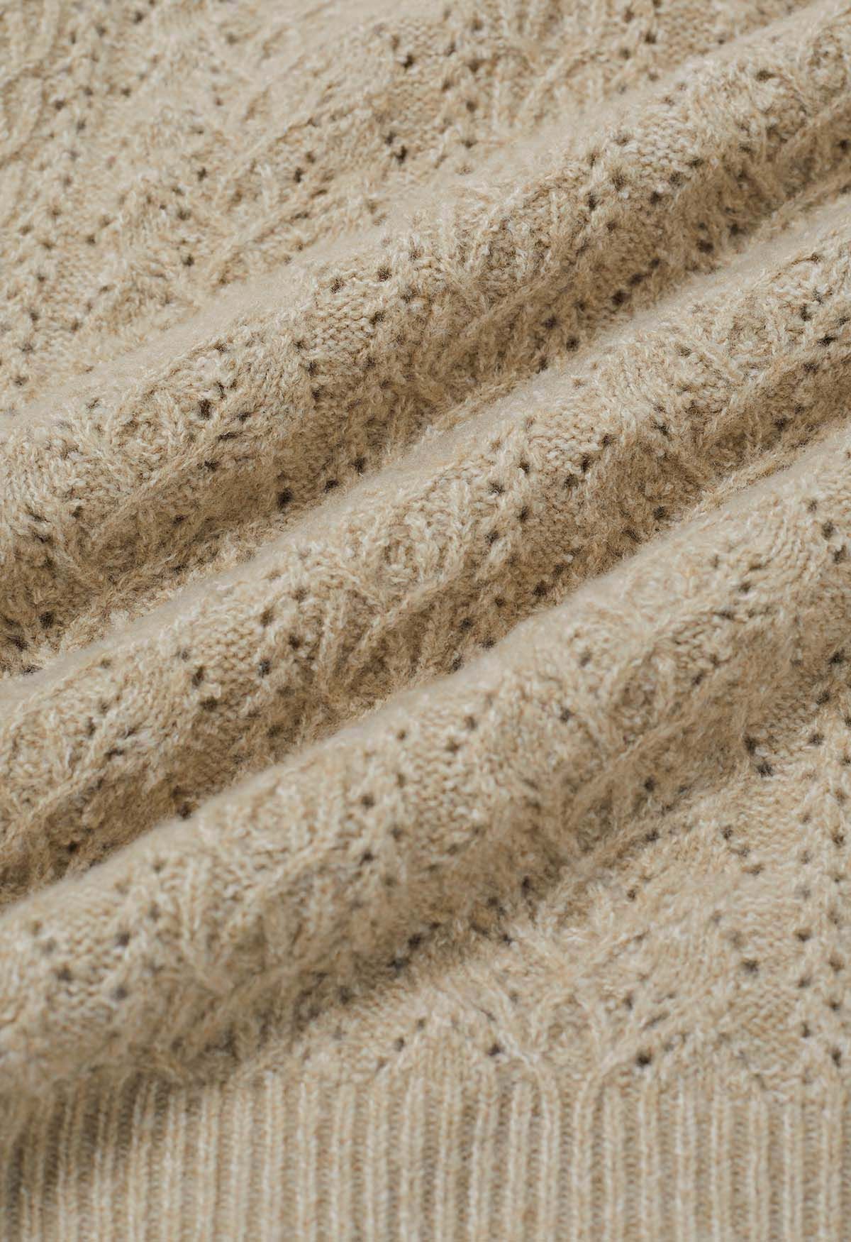 Pull en tricot pointelle à col en V en beige clair