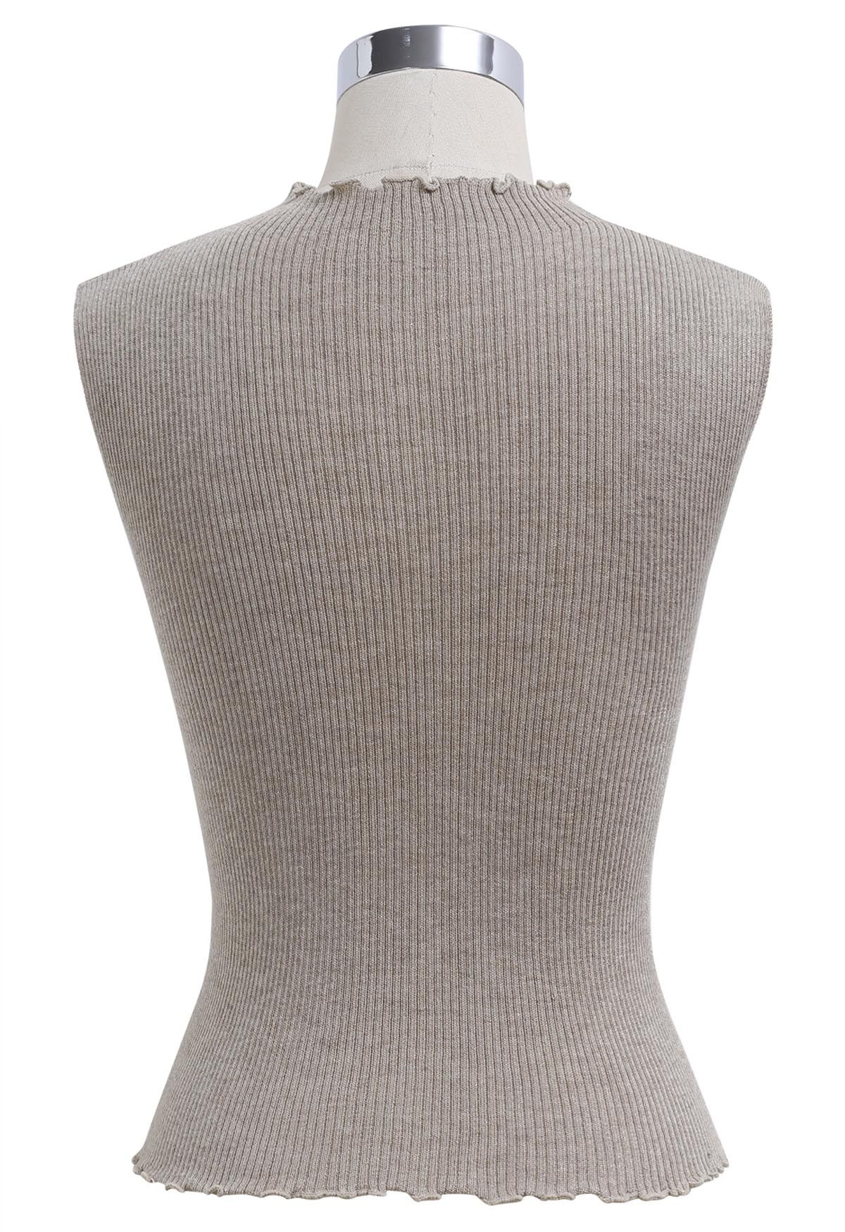 Haut en tricot sans manches à bord de laitue pailleté en taupe
